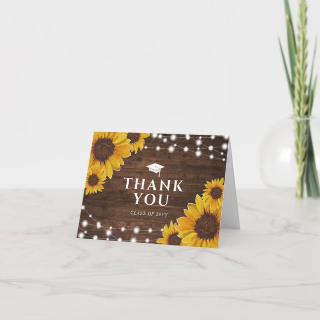 Rustic Sunflowers String Lights Graduation Letterpress Thank You Card (Front)