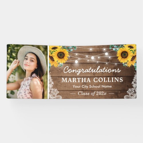 Rustic Sunflowers String Lights Graduation Party Banner
