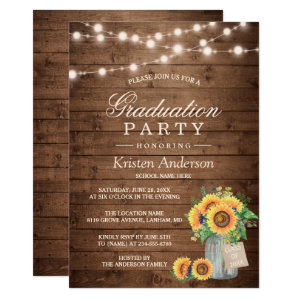 Rustic Sunflowers String Lights Graduation Party Card