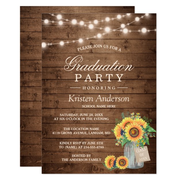 Rustic Sunflowers String Lights Graduation Party Card (front side)