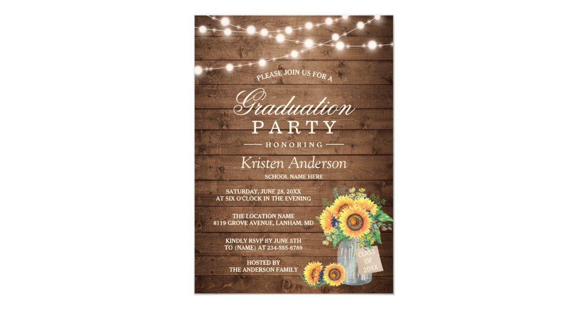 Rustic Sunflowers String Lights Graduation Party Card Zazzle.com