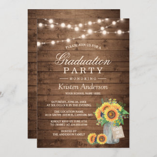Rustic Sunflowers String Lights Graduation Party Invitation