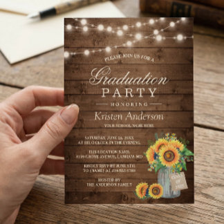 Rustic Sunflowers String Lights Graduation Party Invitation