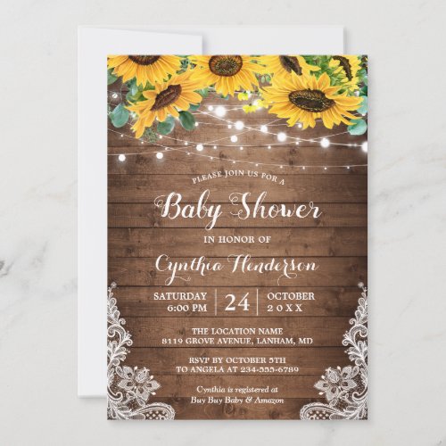 Rustic Sunflowers String Lights Lace Baby Shower Invitation - Celebrate the mother-to-be with this Beautiful Rustic Baby Shower Invitation that features Sunflower Eucalyptus with String Lights and Lace Decor on the corner. It's easy to customize this design to be uniquely yours. For further customization, please click on the "customize further" link and use our design tool to modify this template. If you need help or matching items, please contact me.