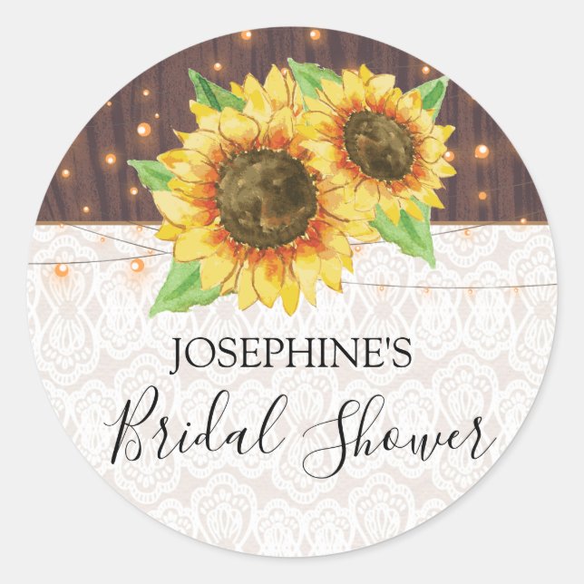 Rustic Sunflowers String Lights Lace Bridal Shower Classic Round Sticker (Front)
