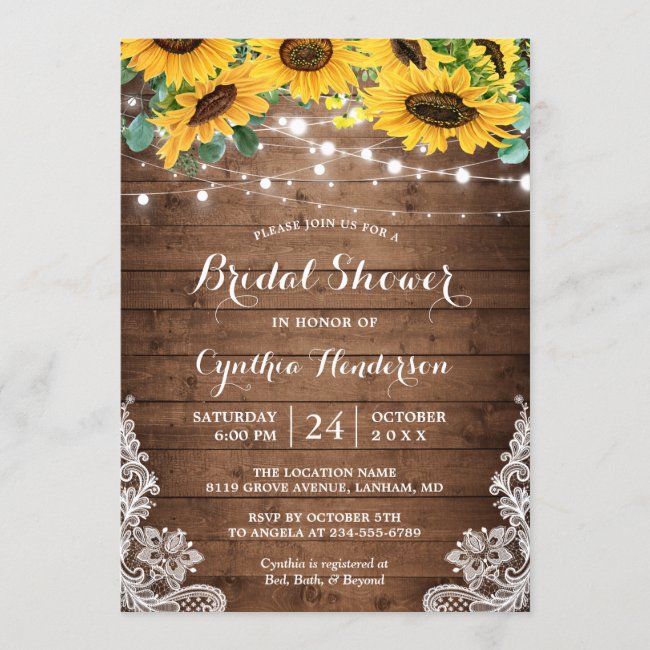 Rustic Sunflowers String Lights Lace Bridal Shower Invitation