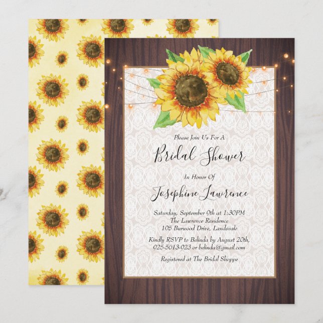 Rustic Sunflowers String Lights Lace Bridal Shower Invitation (Front/Back)