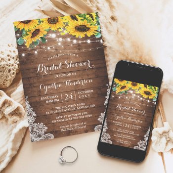 Rustic Sunflowers String Lights Lace Bridal Shower Invitation by CardHunter at Zazzle