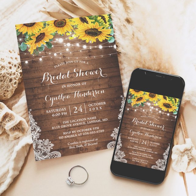 Rustic Sunflowers String Lights Lace Bridal Shower Invitation (This invitation is perfect for anyone hosting a bridal shower with a rustic and charming theme.)