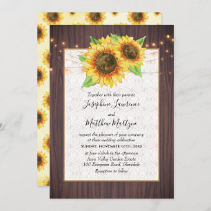 Rustic Sunflowers String Lights Lace Wedding Invitation