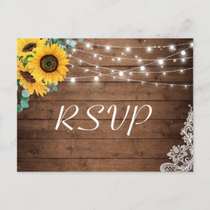 Rustic Sunflowers String Lights Lace Wedding RSVP Invitation Postcard