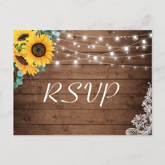 Rustic Sunflowers String Lights Lace Wedding RSVP Invitation Postcard (Front)