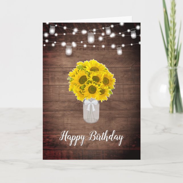 Rustic Sunflowers String Lights Mason Jar Birthday Card (Front)