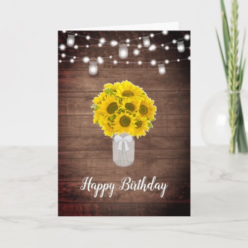Rustic Sunflowers String Lights Mason Jar Birthday Card