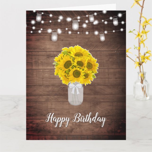 Rustic Sunflowers String Lights Mason Jar Birthday Card (Yellow Flower)