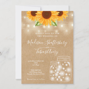 Rustic Sunflowers String Lights Mason Jar Wedding Invitation