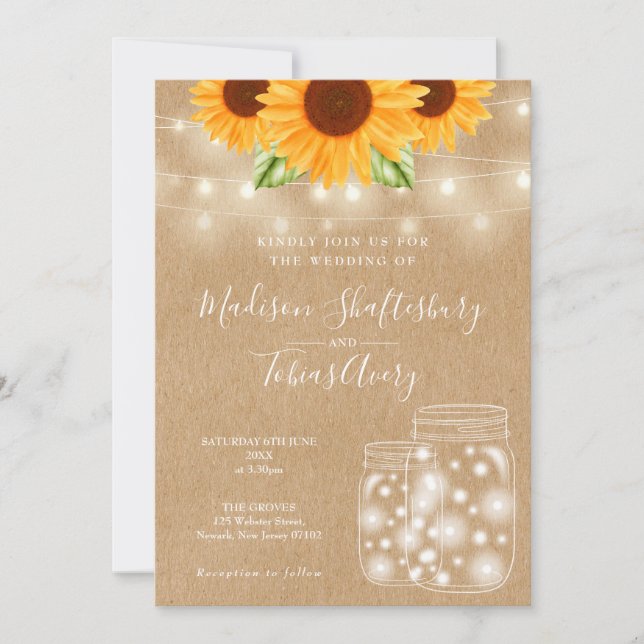 Rustic Sunflowers String Lights Mason Jar Wedding Invitation (Front)