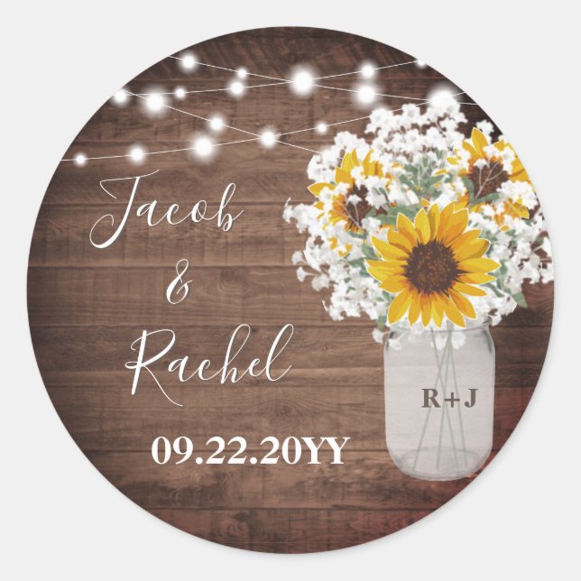 Rustic Sunflowers String Lights Monogram Wedding Classic Round Sticker (Front)
