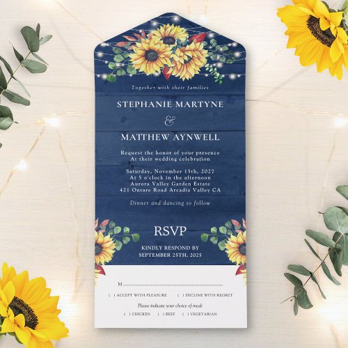Rustic Sunflowers String Lights Navy Blue Wedding All In One Invitation