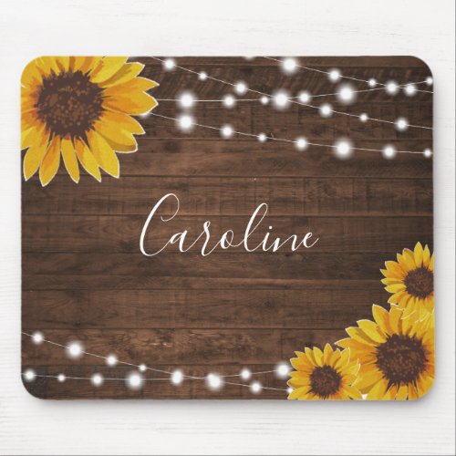 Rustic Sunflowers  String Lights on Wood Mouse Pad