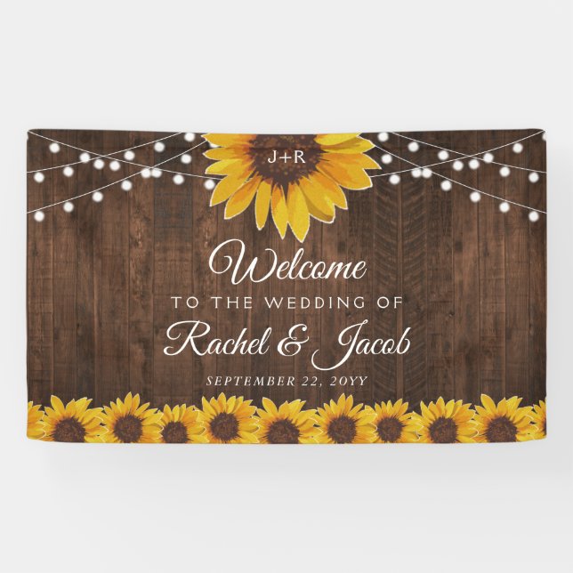 Rustic Sunflowers String Lights on Wood Wedding Banner (Horizontal)