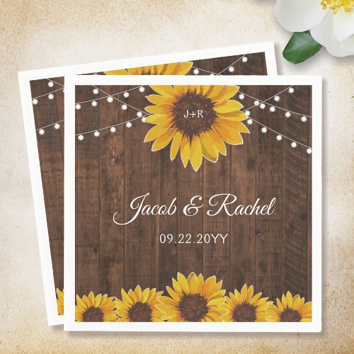 Rustic Sunflowers  String Lights on Wood Wedding  Napkins
