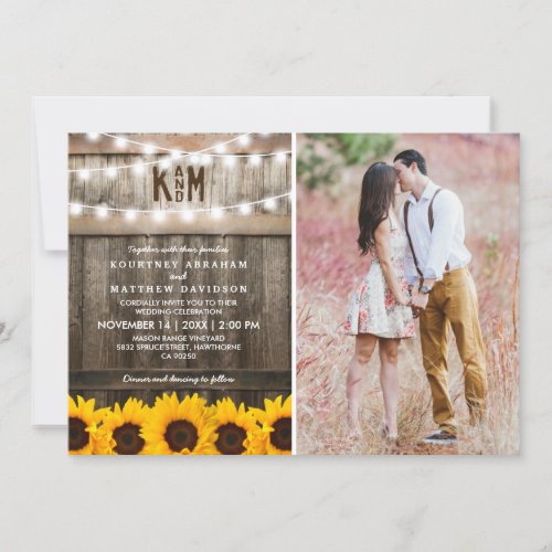 Rustic Sunflowers String Lights Photo Wedding Invitation - Country photo wedding invitations featuring a rustic wood barrel background, a photo of the bride / groom, twinkle string lights, yellow sunflowers, your monogram and an elegant editable wedding template.

You will find matching wedding items further down the page, if however you can't find what you looking for please contact me.