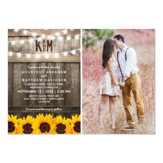 Rustic Sunflowers String Lights Photo Wedding Invitation
