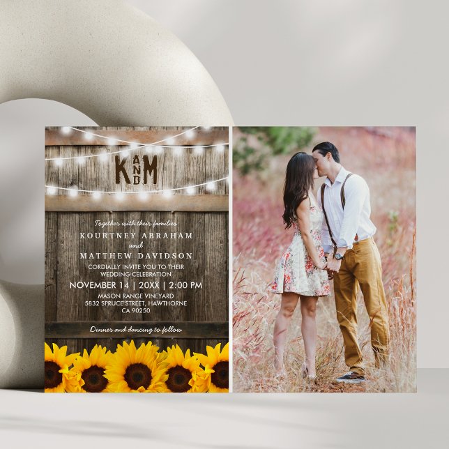 Rustic Sunflowers String Lights Photo Wedding Invitation (Creator Uploaded)