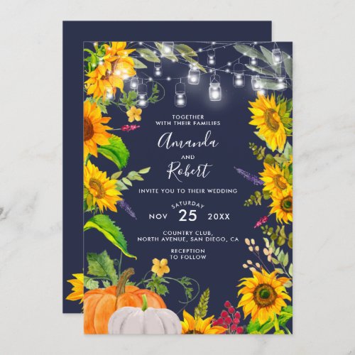 Rustic Sunflowers String Lights Pumpkin Navy Blue Invitation