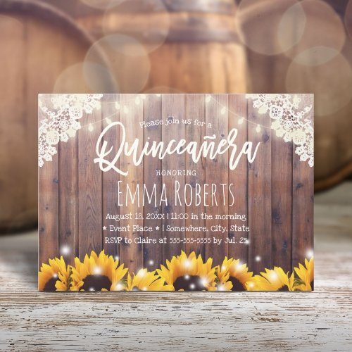 Rustic Sunflowers  String Lights Quinceanera Invitation