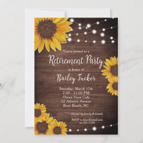 Rustic Sunflowers String Lights Retirement Party Invitation