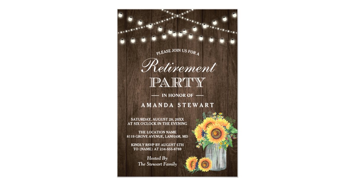 Rustic Sunflowers String Lights Retirement Party Invitation
