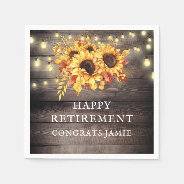 Rustic Sunflowers String Lights Retirement Party N Napkins (Front)