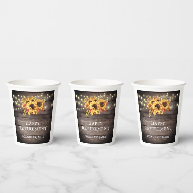 Rustic Sunflowers String Lights Retirement Party Paper Cups (Multi)