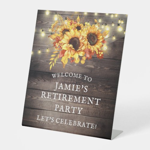 Rustic Sunflowers String Lights Retirement PartY Pedestal Sign