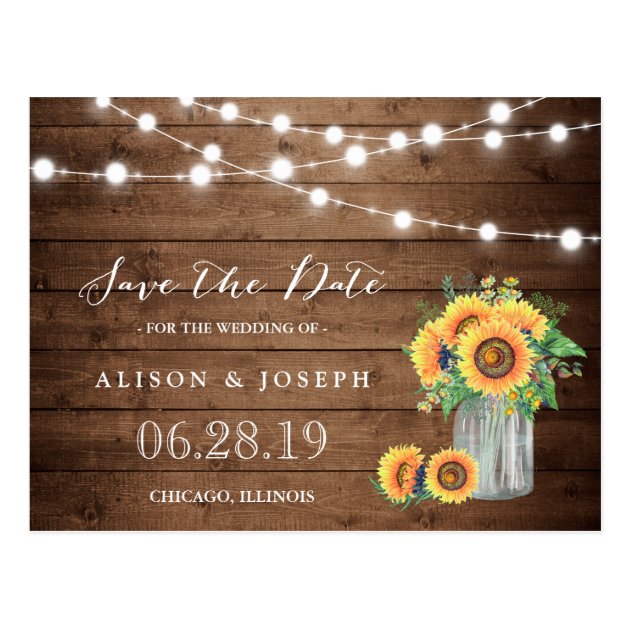 Rustic Sunflowers String Lights Save The Date Postcard