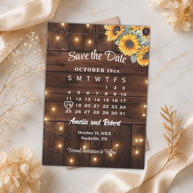 Rustic Sunflowers String Lights Wedding Calendar Save The Date (Creator Uploaded)