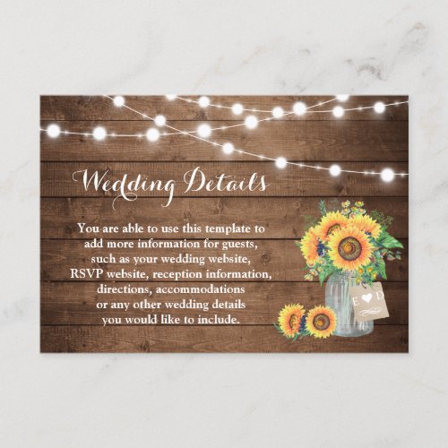 Rustic Sunflowers String Lights Wedding Details Enclosure Card