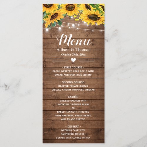 Rustic Sunflowers String Lights Wedding Menu - Rustic Sunflowers String Lights Wedding Menu Card. 
(1) For further customization, please click the "customize further" link and use our design tool to modify this template. 
(2) If you need help or matching items, please contact me.