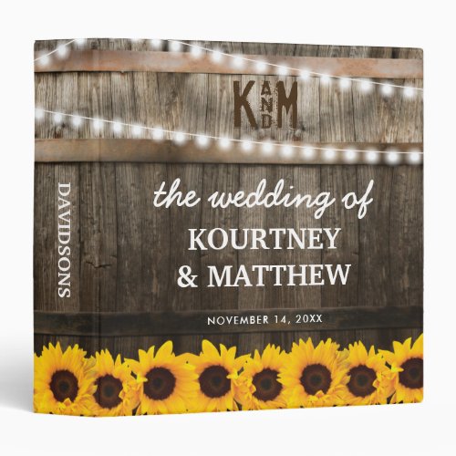 Rustic Sunflowers String Lights Wedding Photo 3 Ring Binder - Sunflower vineyard themed wedding album featuring a country barn dark oak barrel background, twinkle string lights, golden yellow sunflowers, your monogram and a modern text template that is easy to personalize.