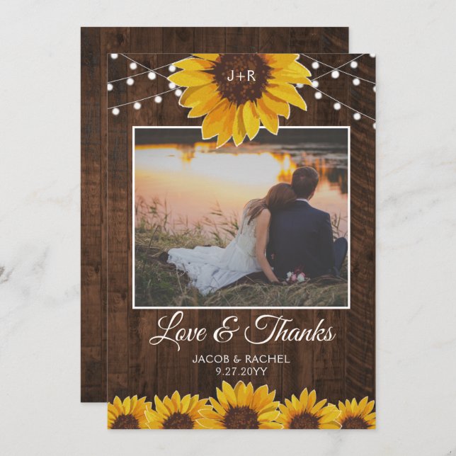 Rustic Sunflowers & String Lights Wedding Thank You Card (Front/Back)