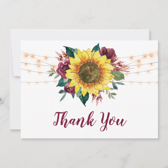 Rustic Sunflowers String Lights Wedding Thank You Card (Front)
