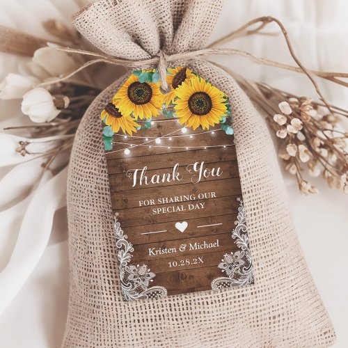 Rustic Sunflowers String Lights Wedding Thank You Gift Tags