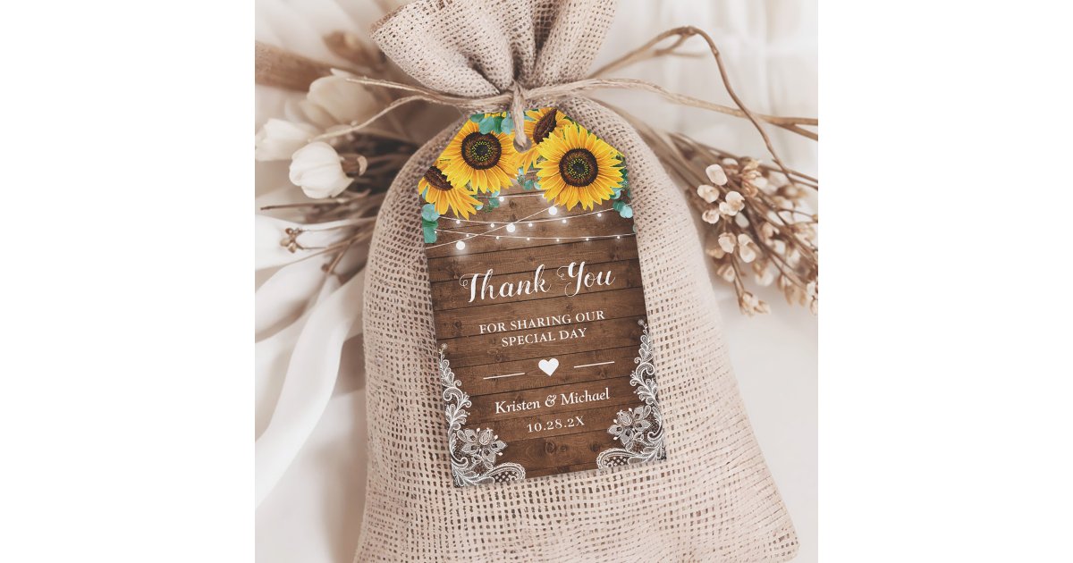 Rustic Sunflowers String Lights Wedding Thank You Gift Tags | Zazzle