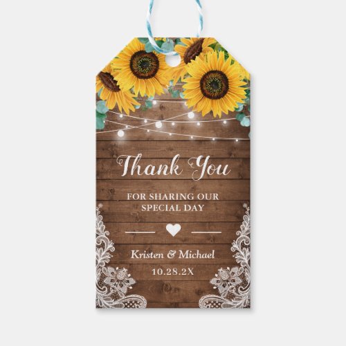 Rustic Sunflowers String Lights Wedding Thank You Gift Tags - Customize this "Rustic Sunflowers String Lights Floral Lace Wedding Thank You Favor Thank You Gift Tag" to add a special touch. It's a perfect addition to match your colors and styles. 
(1) For further customization, please click the "customize further" link and use our design tool to modify this template. 
(2) If you need help or matching items, please contact me.