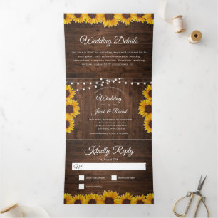 Rustic Sunflowers String Lights Wedding Tri-Fold Invitation