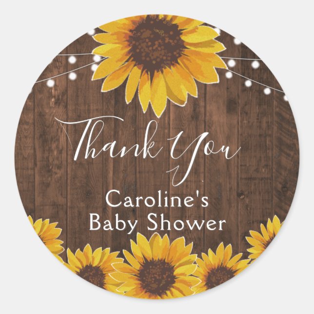 Rustic Sunflowers String Lights Wood Baby Shower Classic Round Sticker (Front)