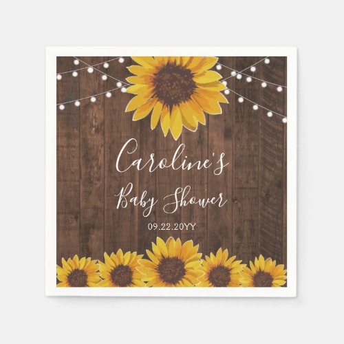 Rustic Sunflowers String Lights Wood Baby Shower Napkins