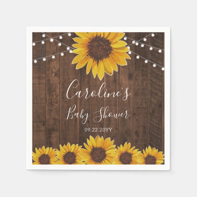 Rustic Sunflowers String Lights Wood Baby Shower Napkins (Front)